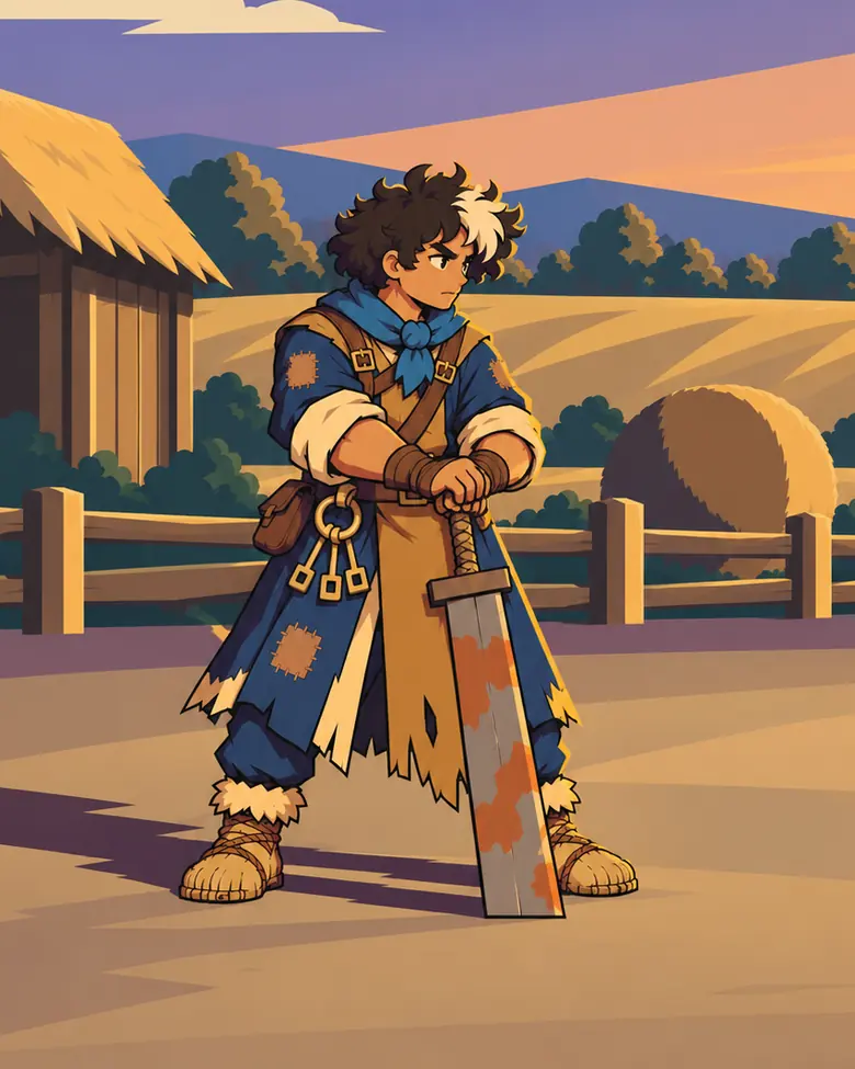 ภาพหลักของ Ploughblade: ฮีโร่หนุ่มวางสองมือบนดาบเหล็กสนิมเล่มใหญ่ หน้าโรงนาตอนพลบค่ำ